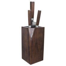 Messerleiste aus dunklem Holz mit schwarzer Kunststoffbürste zum Schutz