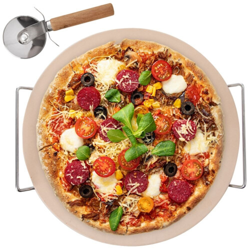 Pietra refrattaria per pizza con supporto e coltello, 3 pezzi.