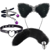 (black) 4pcs Sexy Fox Metal Butt Plug Tail With Hairpin Kit Tail For Couple Cosplay Yj5-2 Yj5-2