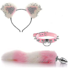 (Pink and white) 4pcs Sexy Fox Metal Butt Plug Tail With Hairpin Kit Tail For Couple Cosplay Yj5-2 Yj5-2