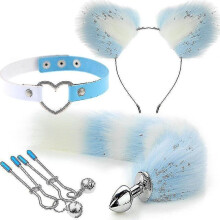 (Blue and white) 4pcs Sexy Fox Metal Butt Plug Tail With Hairpin Kit Tail For Couple Cosplay Yj5-2 Yj5-2