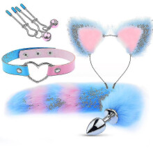 (Blue and pink) 4pcs Sexy Fox Metal Butt Plug Tail With Hairpin Kit Tail For Couple Cosplay Yj5-2 Yj5-2