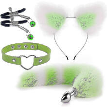 (White and green) 4pcs Sexy Fox Metal Butt Plug Tail With Hairpin Kit Tail For Couple Cosplay Yj5-2 Yj5-2