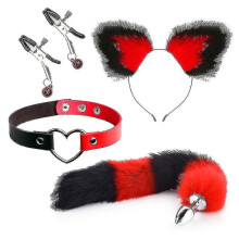 (Red and black) 4pcs Sexy Fox Metal Butt Plug Tail With Hairpin Kit Tail For Couple Cosplay Yj5-2 Yj5-2