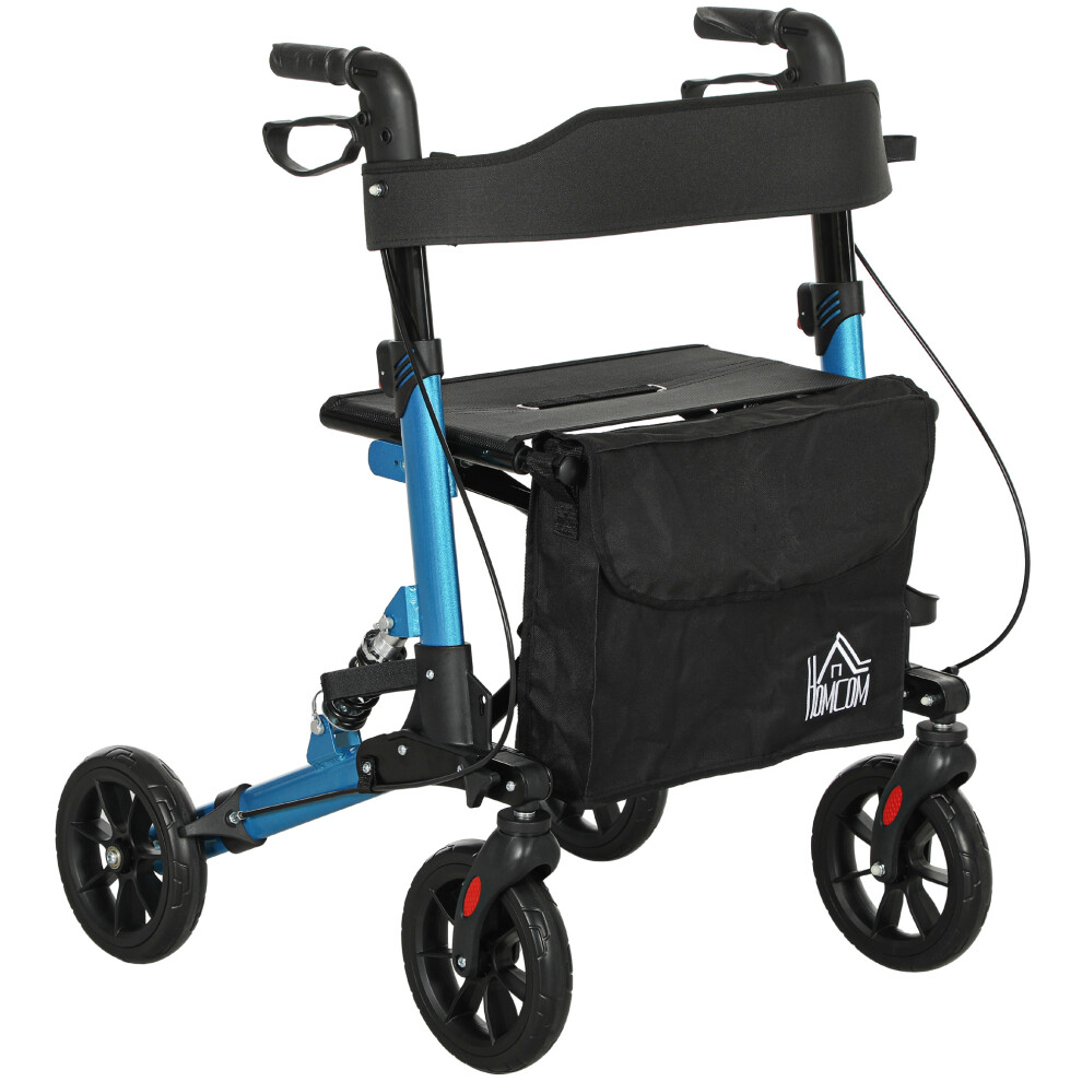 HOMCOM Folding Rollator Walker with Seat, Backrest, Bag, 4 Wheels, Blue