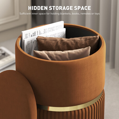 Homcom HOMCOM Round Pouffe, Storage Footstool with Cushioned Top, Light Brown 2