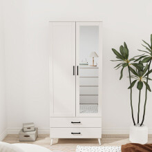 (White) 180cm Mirror Wardrobe 2 Door 2 Drawer Bedroom Clothes Storage Hanging Rail