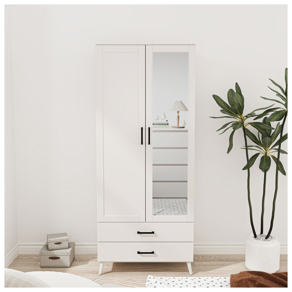 (White) Mirror Wardrobe 2 Door 2 Drawer Bedroom Clothes Storage Hanging Rail 180cm