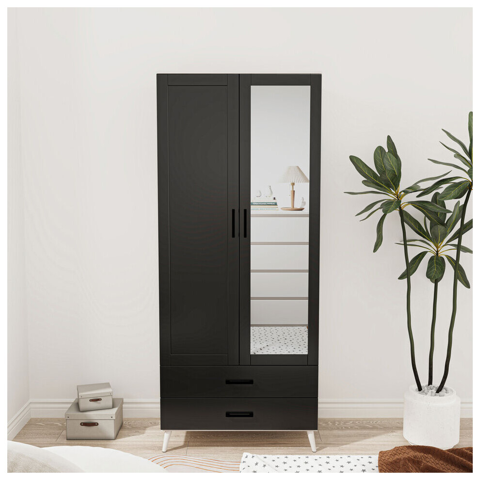 (White Black) Mirror Wardrobe 2 Door 2 Drawer Bedroom Clothes Storage Hanging Rail 180cm