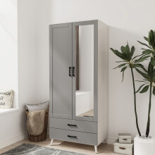 (White Grey) 180cm Mirror Wardrobe 2 Door 2 Drawer Bedroom Clothes Storage Hanging Rail
