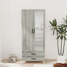 (White Ash Grey) 180cm Mirror Wardrobe 2 Door 2 Drawer Bedroom Clothes Storage Hanging Rail