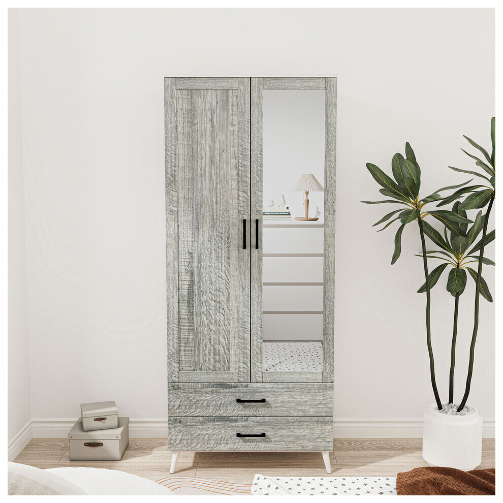 (White Ash Grey) Mirror Wardrobe 2 Door 2 Drawer Bedroom Clothes Storage Hanging Rail 180cm