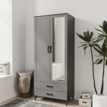 (Black Grey) 180cm Mirror Wardrobe 2 Door 2 Drawer Bedroom Clothes Storage Hanging Rail
