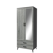 (Black Ash Grey) 180cm Mirror Wardrobe 2 Door 2 Drawer Bedroom Clothes Storage Hanging Rail
