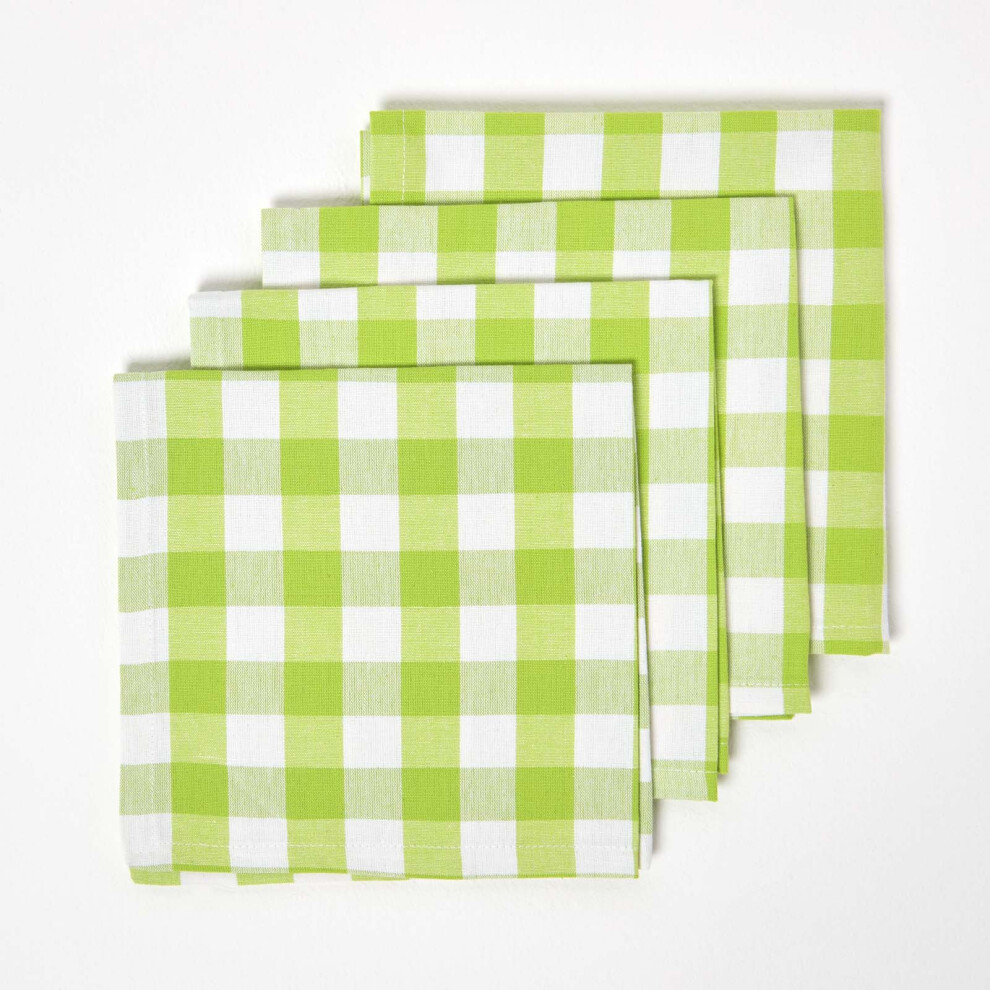 (Green) Block Check Cotton Gingham Napkins, Set of 4