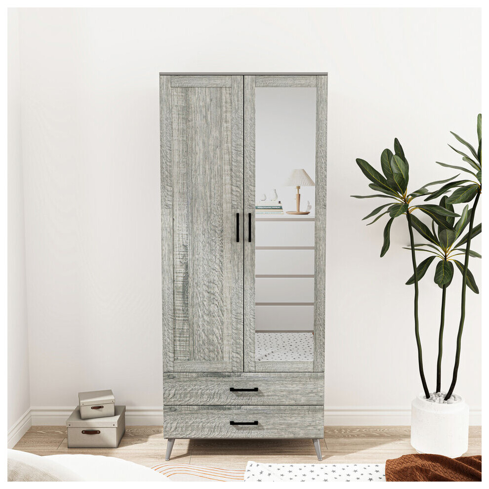 (Grey Ash Grey) Mirror Wardrobe 2 Door 2 Drawer Bedroom Clothes Storage Hanging Rail 180cm