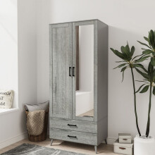 (Grey Ash Grey) 180cm Mirror Wardrobe 2 Door 2 Drawer Bedroom Clothes Storage Hanging Rail