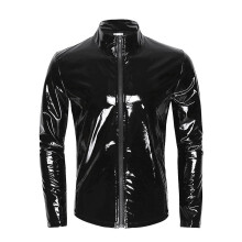 (L) Tib S-7xl Plus Size Mens Sexy Shiny Wetlook Leather Shirt Erotic Shaping Sheath Casual Coat Male Glossy Pvc Leather Jacket Tops Sexi