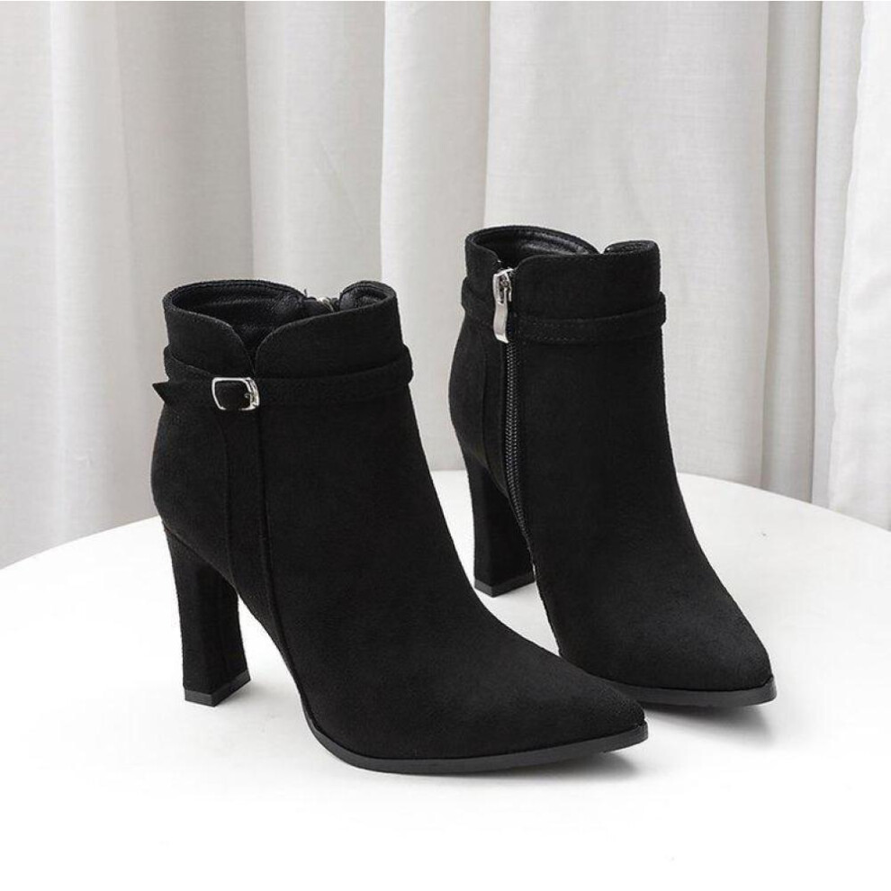 (black, 36) New Women&apos;s Shoes Suede Pointed Short Boots Thick Heel Belt Buckle High Heel Fashion Boots