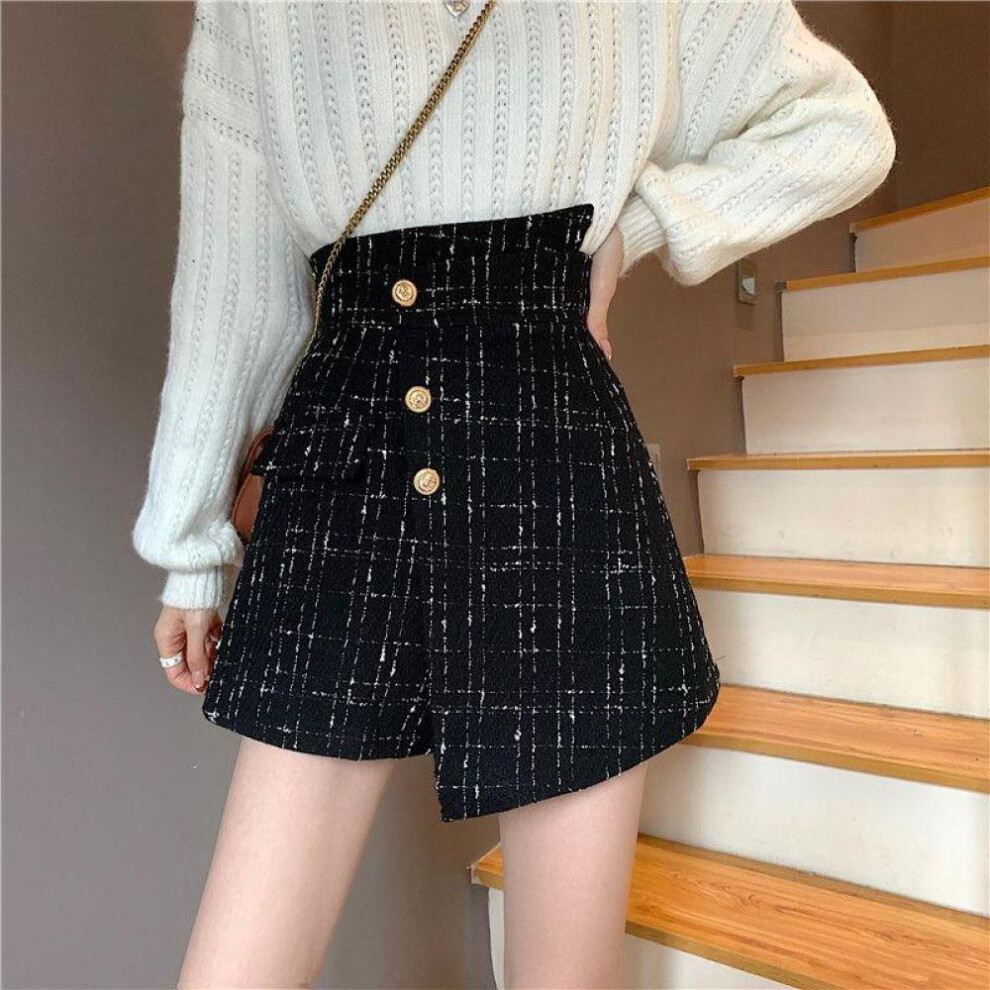 (black, L) Fashionable High Waisted Asymmetrical Skirt For Women, Spring And Autumn Plaid Skirt With Irregular Hemline