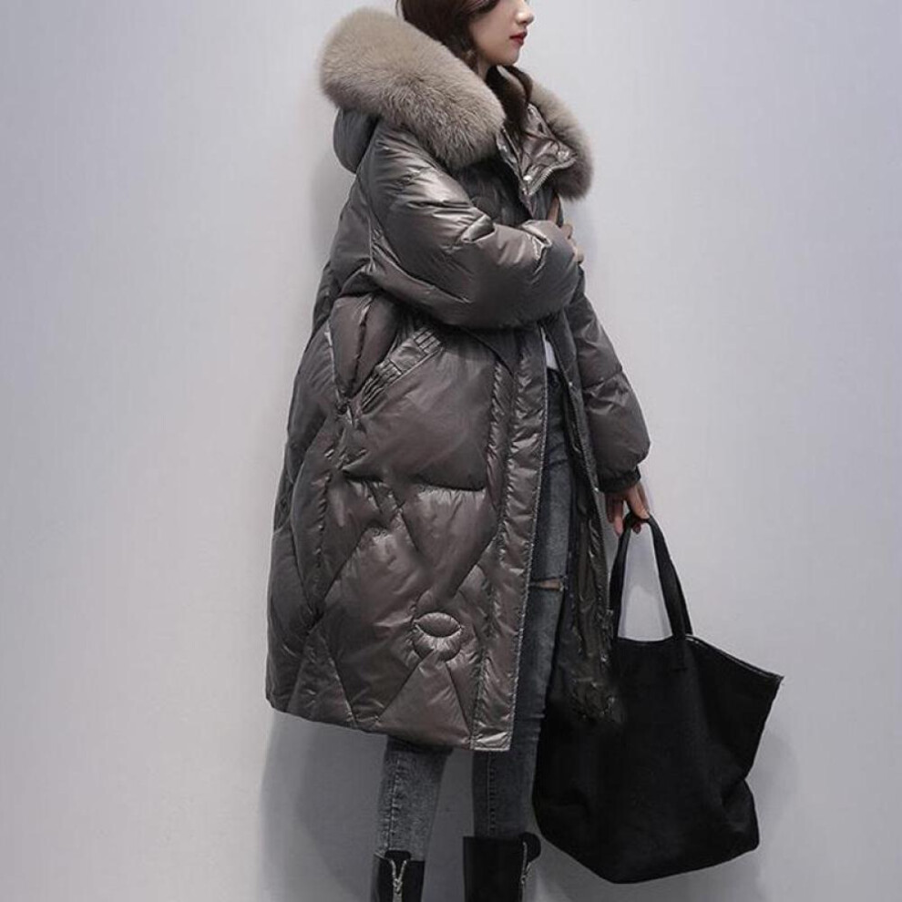 (grey, XL) Women&apos;s Down Cotton Jacket Medium-length Thickened Coat Oversize Warm Large Fur Collar Outerwear Winter