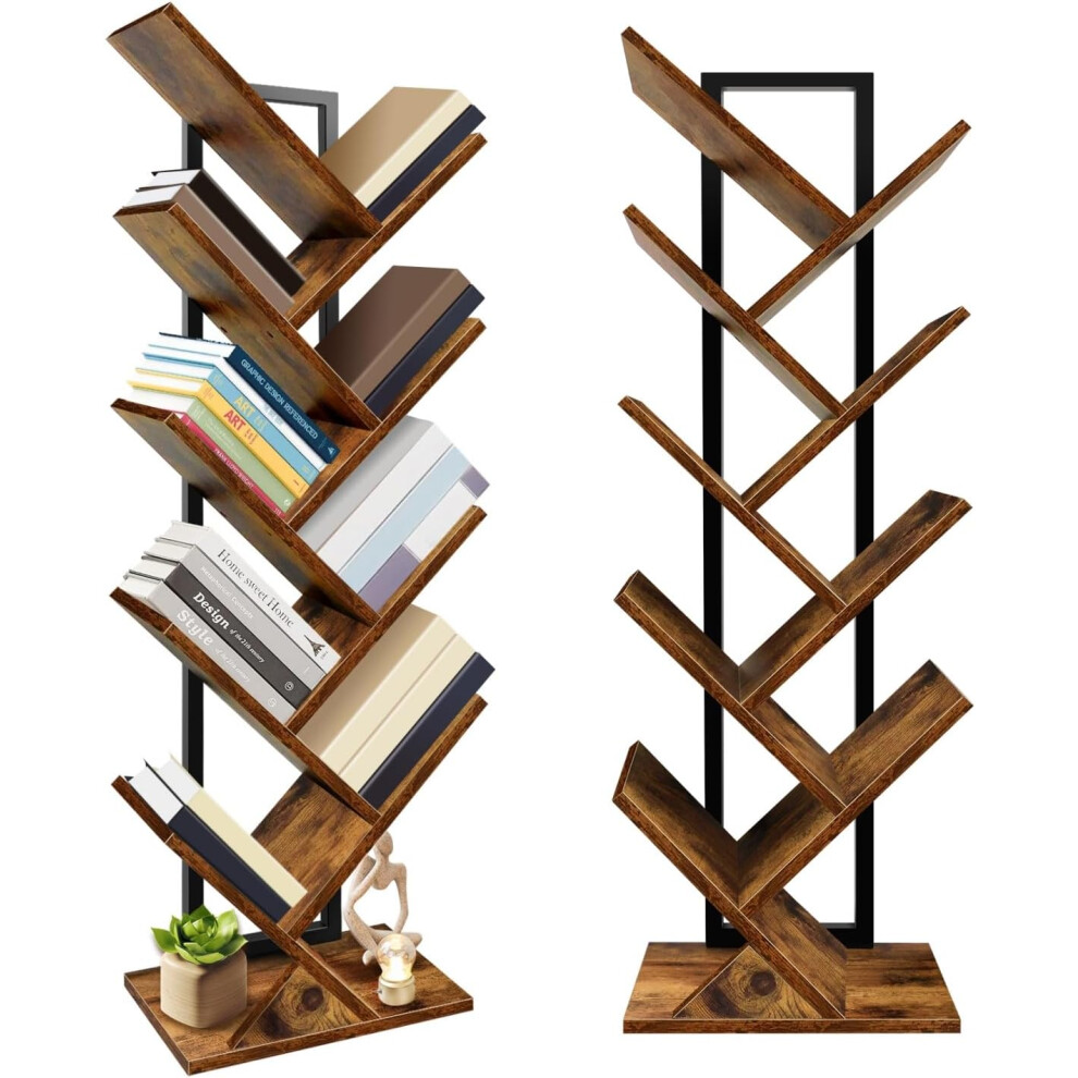 (Rustic Brown) 9-Tier Tree Bookshelf,Floor Standing Bookcase,Tree Shaped Book Shelves,Display Storage Shelving Units Storage Rack for Bedroom Living Room Office