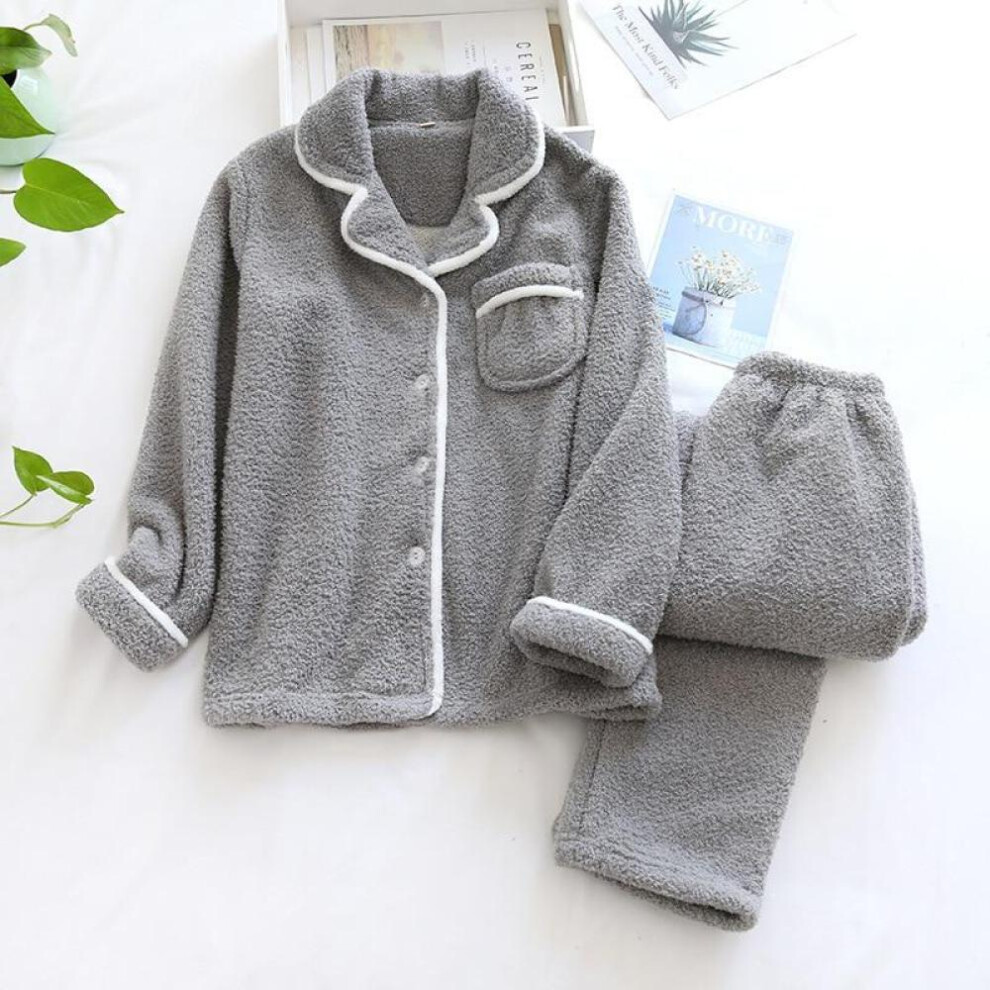 (gray, XL) Japanese Style Autumn And Winter New Ladies Plus Size Sheep Wool Warm Pajamas Suit Shu Mianmao Simple Home Service Pijamas Women