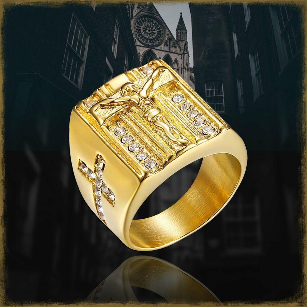 (gold, 9) Size 6-15 Gold Stainless Steel Jesus Prayer Cross Premium Ring For Men