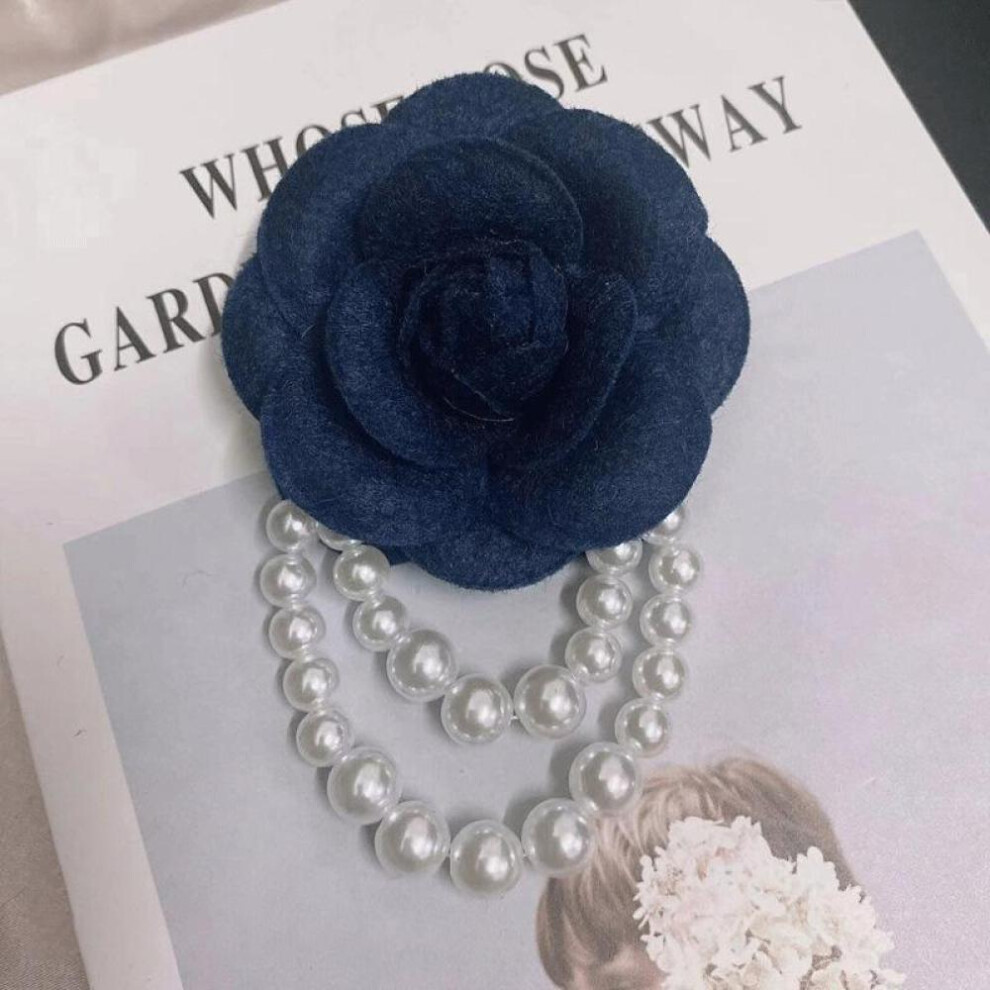 (navy) 1pc Jewelry Gift Brooch Pin Pearl Tassel Vintage Camellia Flower Fabric Corsage Women&apos;s