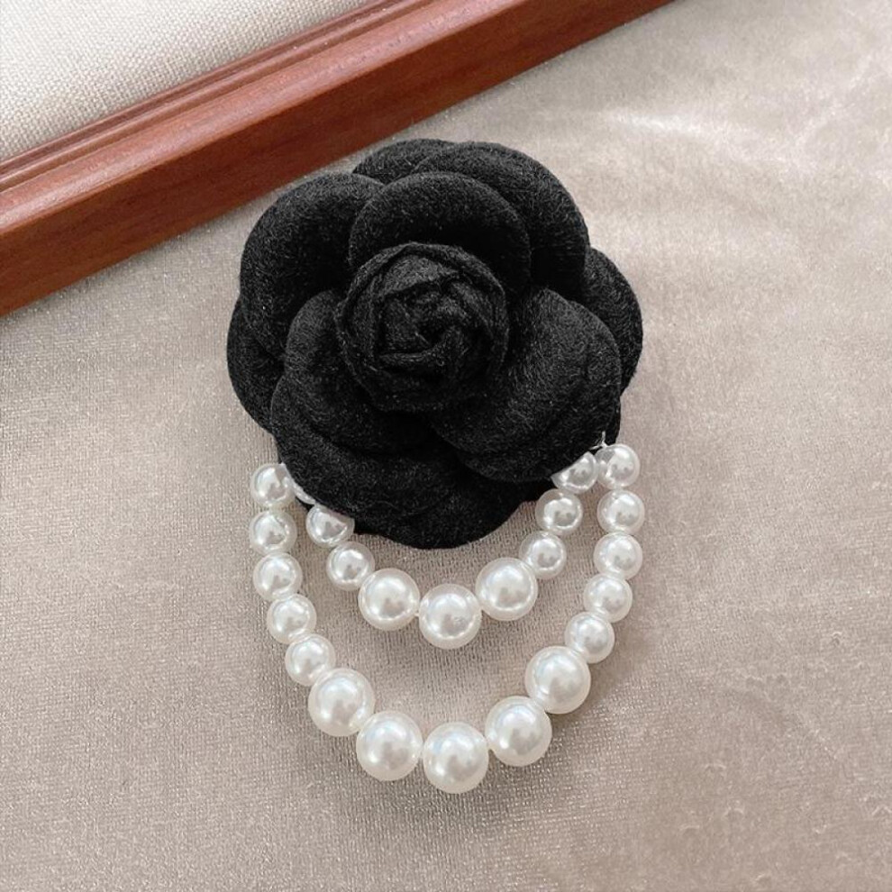 (black) 1pc Jewelry Gift Brooch Pin Pearl Tassel Vintage Camellia Flower Fabric Corsage Women&apos;s