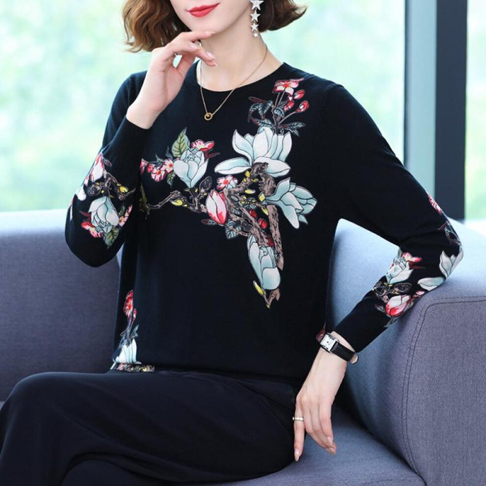 (black, XL) Women&apos;s Autumn And Winter Fashion Sweater Casual Knitted Sweater Printing Round Neck Pullover Loose Long Sleeve Sweater