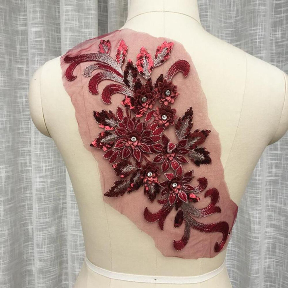 (wine) 1pc Flower Patches Beaded Appliqued Diy Craft Sewing Sew-on Wedding Dress Decoration 40*17cm