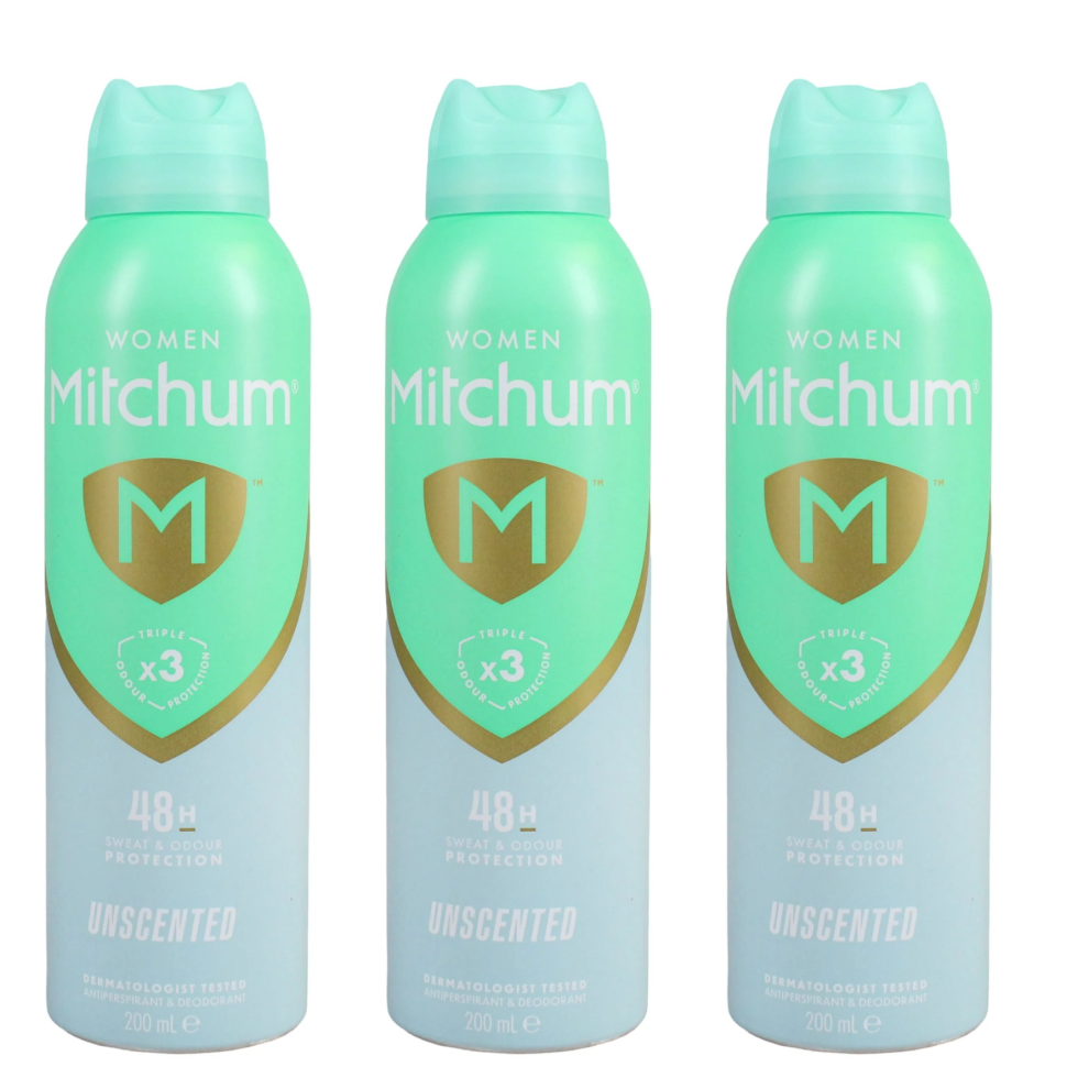 3 x 200ml Mitchum Unscented Women Deodorant Antiperspirant 48hr Spray