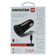 Caricabatterie da accendisigari - Swissten - Nero - 2 porte USB - Cavo USB-C - Garanzia 12 mesi