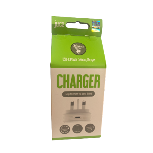 JUICE 20W Fast Charging PD UK Plug Adaptor For iPhone 15 Pro Plus Max - White