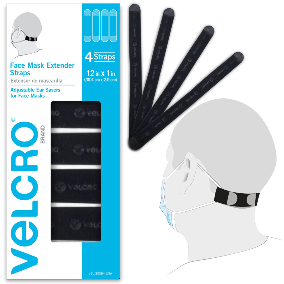 VELCRO Brand | Face Mask Extender Straps | Comfortable and Adjustable Ear Savers | Black | 30.4cm x 2.5cm | Set of 4