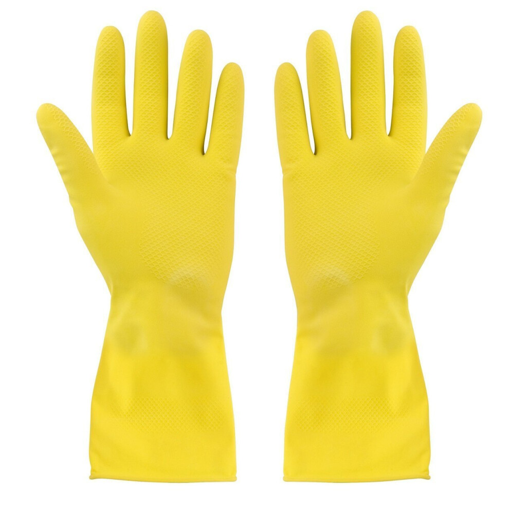 Household Cleaning Gloves, Latex Washing Up Gloves with extra long cuff and soft breathable lining, Long Lasting Quality in a Extra large size, Yellow-image-OPC-PFSQR85-NEW