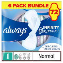 Infinity FlexProtect Pads Normal (Size 1) Sanitary Towels Wings 72 Pads, Up to Zero Feel, Up to Zero Leaks, Thin and Flexible Protection, Always'