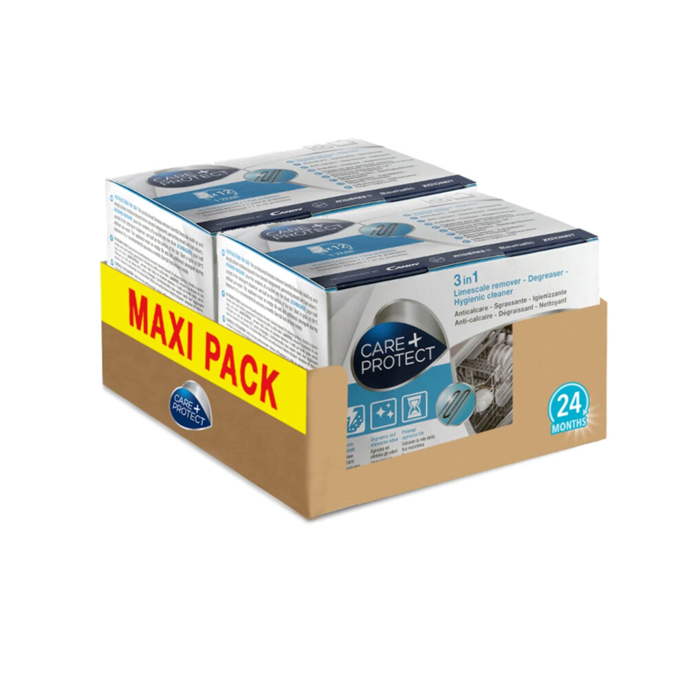 Care + Protect 3 In 1 Washing Machine/Dishwasher Cleaner, Limescale Remover, Degreaser, Hygienic Cleaner, Universal, 24 Months Supply, Maxi Pack