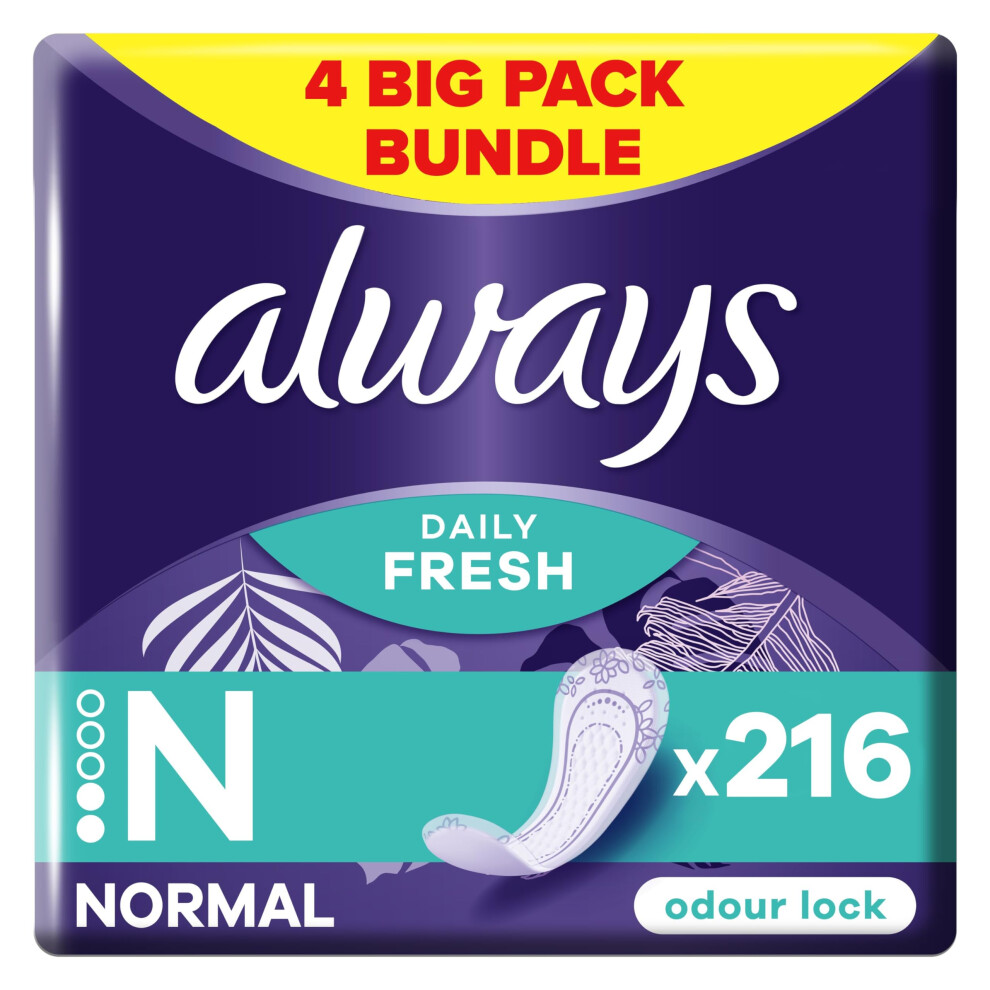 Dailies Panty Liners, Normal, 216 Liners (54 x 4 Packs), Odour Neutraliser, Soft & Discreet, Absorbent Core