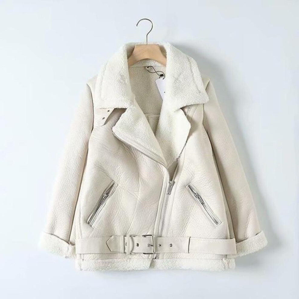 (beige, M) Tpirckvi Women Beige Faux Leather Jacket Coat With Belt Turn Down Collar Ladies Winter Thick Warm Oversized Coat Clothing