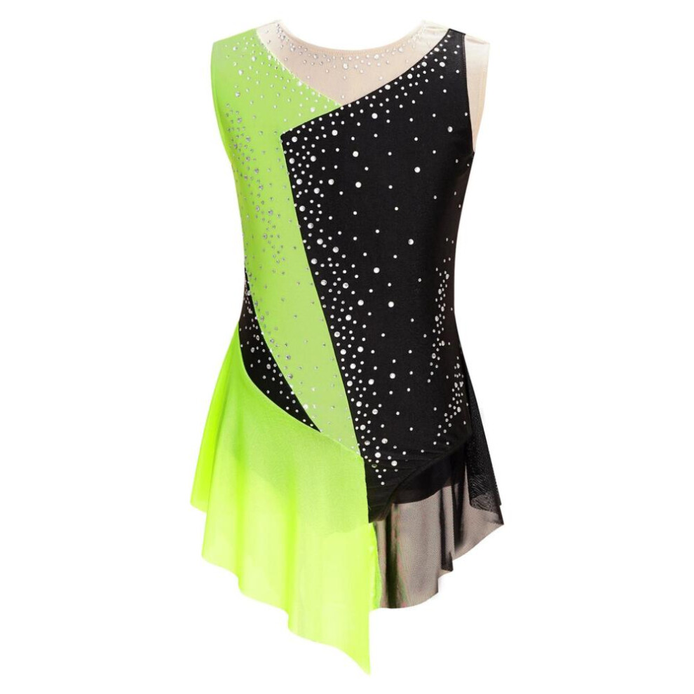 (fluorescent green, 15-16 Years) Kids Girls Sparkly Figure Skating Sleeveless Leotard Gymnastics Competition Jumpsuit