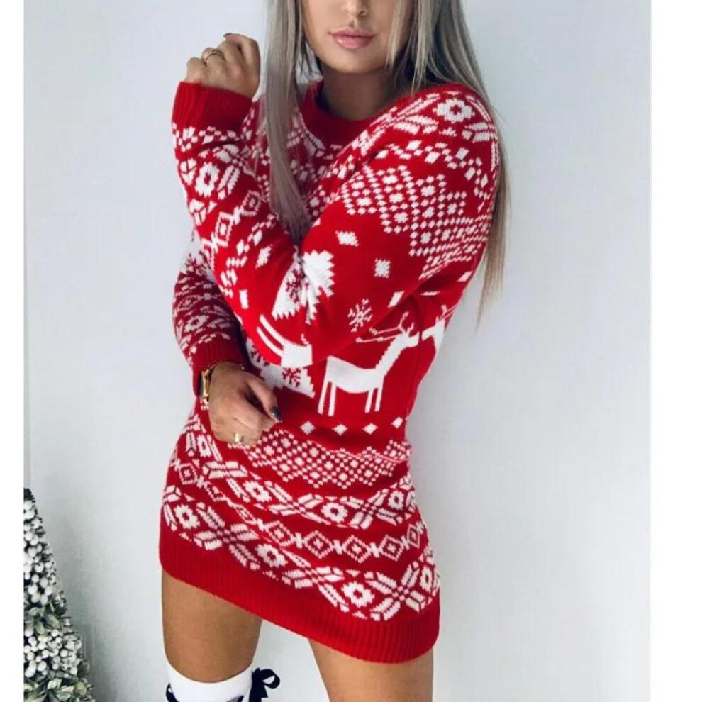 (red, L) Autumn Winter Women Long Sleeve Loose Christmas Dress New Year Festival Christmas Print A-line Mini Dress Ladies