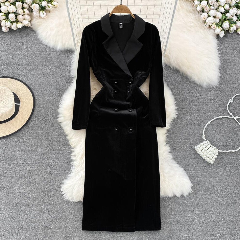 (black, M) High Quality Autumn Winter Women Vintage Hepburn Velvet Party Dress Fashion Notched Blazer Long Midi Slim Bodycon Split Pencil Velour Dresses