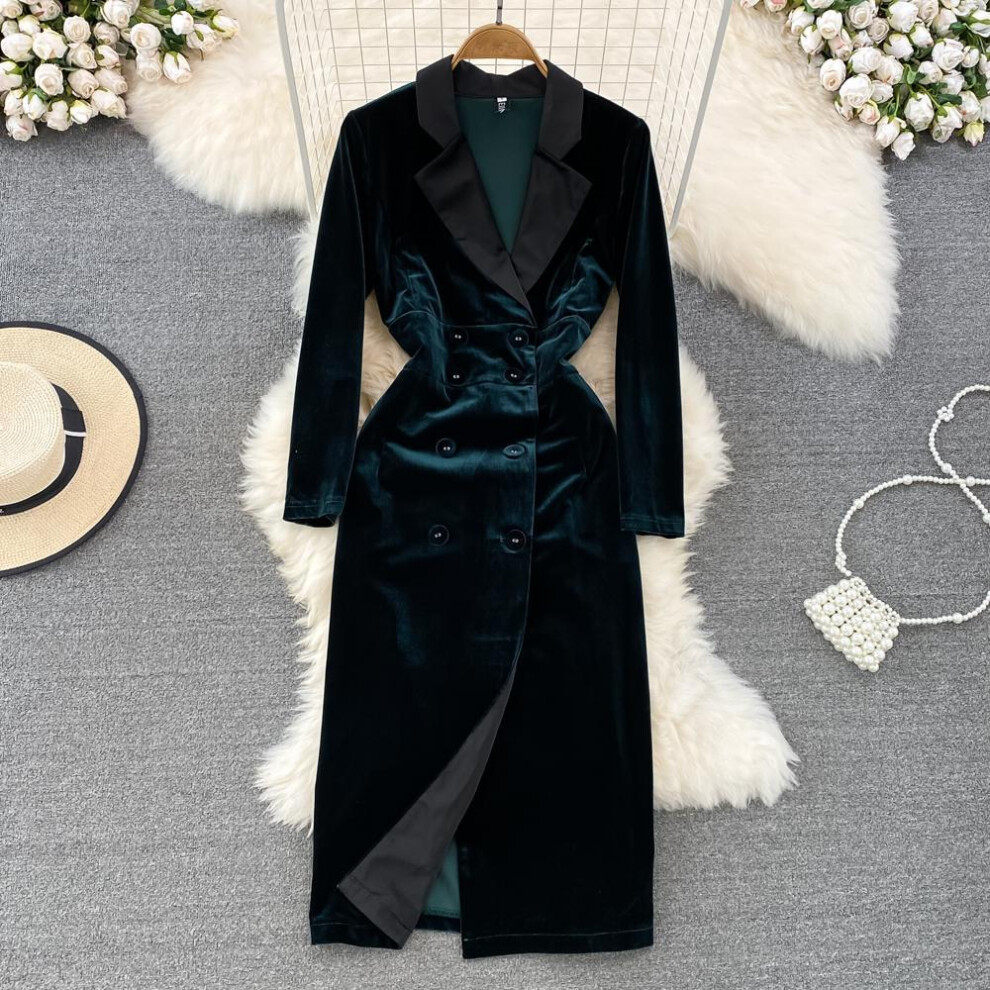 (green, M) High Quality Autumn Winter Women Vintage Hepburn Velvet Party Dress Fashion Notched Blazer Long Midi Slim Bodycon Split Pencil Velour Dresses