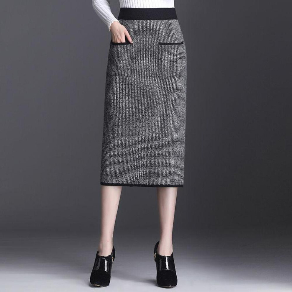 (gray, XL) Autumn Winter Women&apos;s Midi Knitted Skirt Female Skirt High Waist Thicken Pockets Slim One Step Hip Skirt