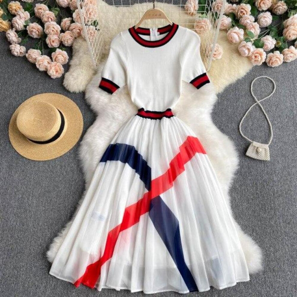 (white, XL) Women Fashion Knitting Sweater Patchwork Dress Short Sleeve Summer Casual Vacation Holiday Midi Sundress