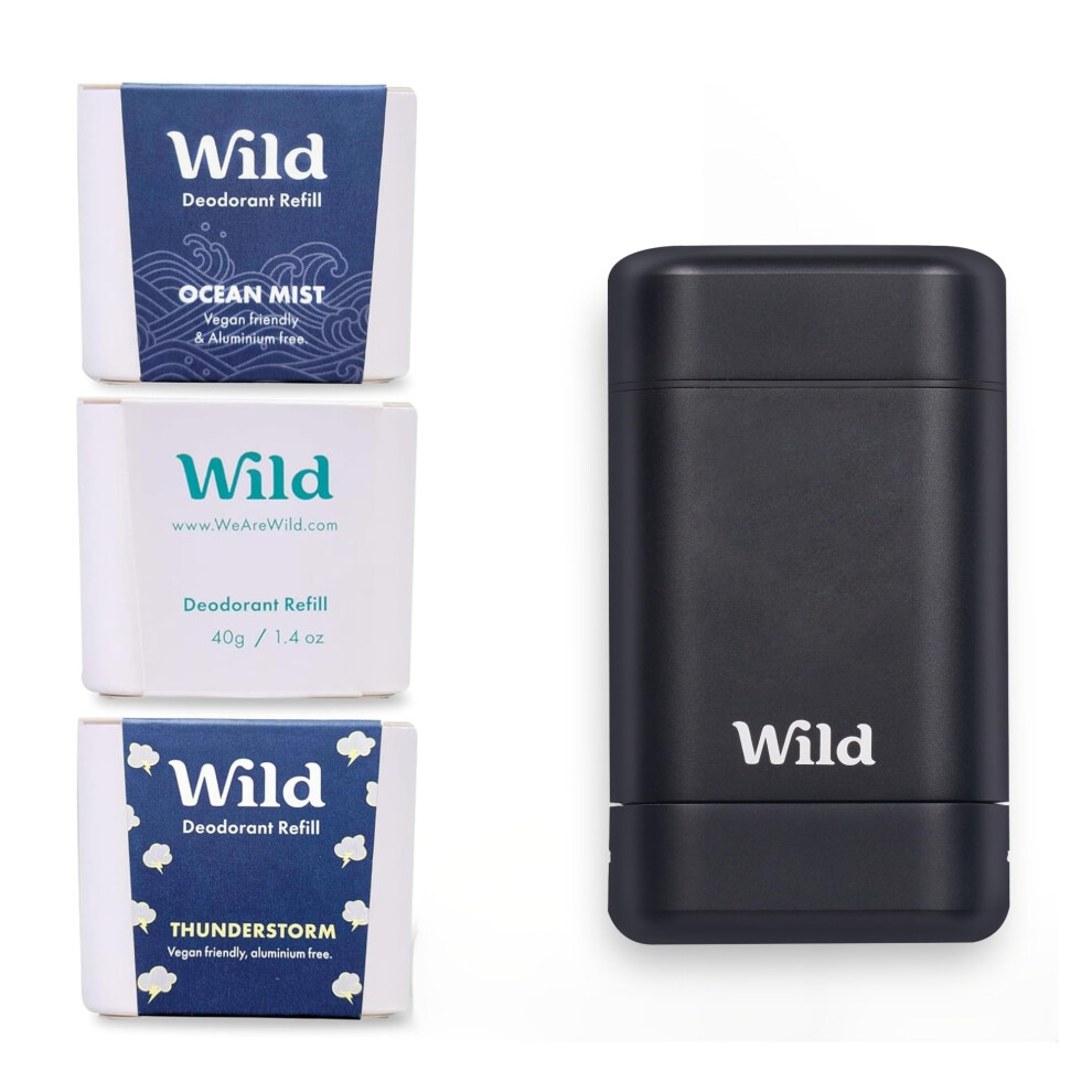 Wild - Mens Natural Refillable Deodorant Starter Kit - Black Case With Fresh Cotton & Sea Salt, Ocean Mist & Thunderstorm Scents - Long Lasting Protection