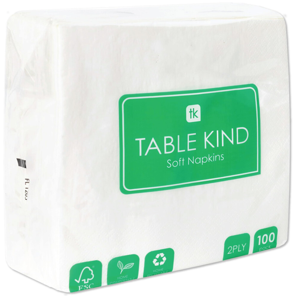 Table Kind - 100 Bulk Pack Soft White Napkins, Quality Serviettes for Parties, Catering & Everyday Use, Eco-Friendly Disposable Home Compostable FSC,