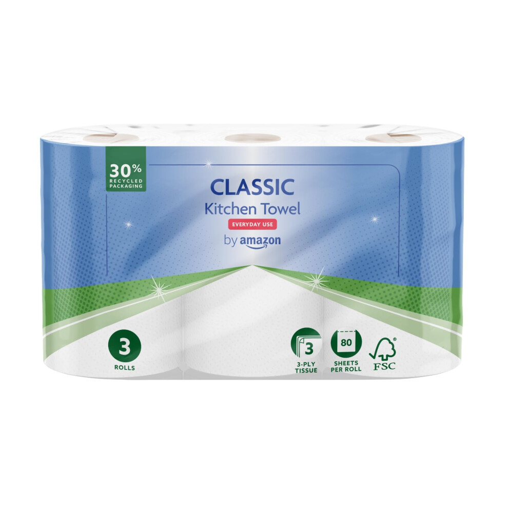 Classic Kitchen Roll, 3-ply, Strong and Absorbent, 3 Rolls (1 Pack of 3), 80 Sheets per Roll, FSC Certified